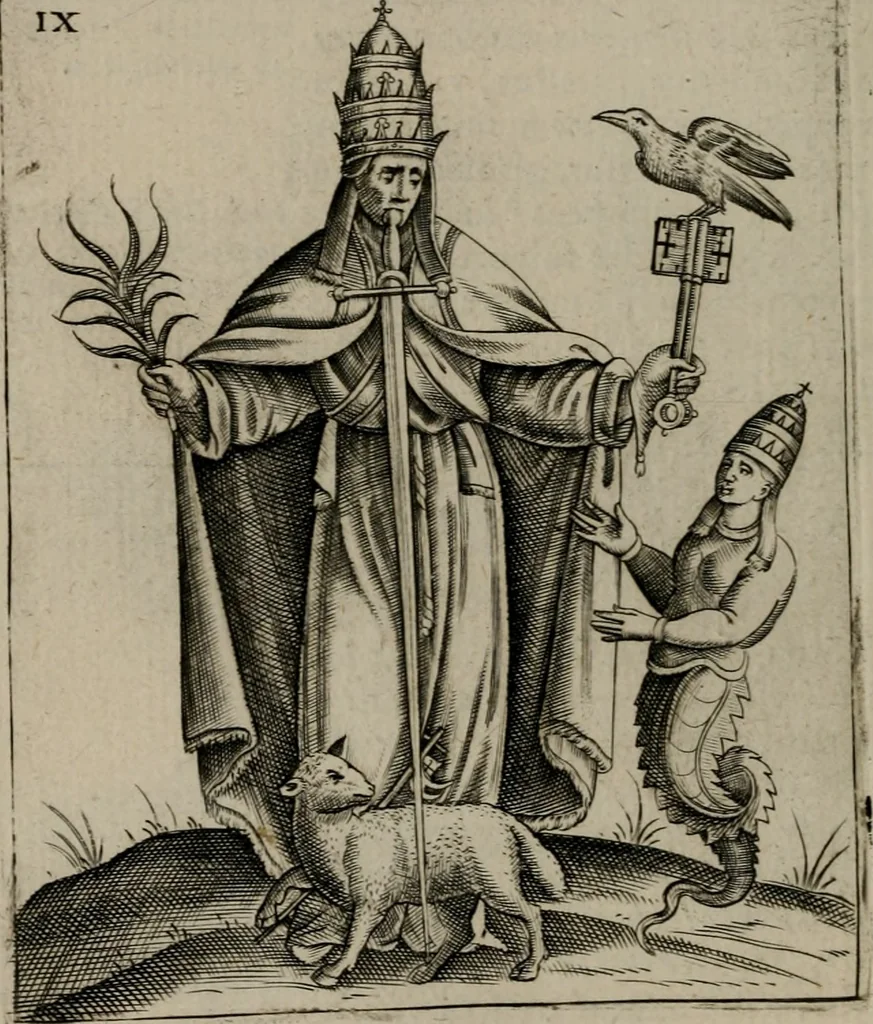 An illustration from Vaticinia, siue Prophetiae Abbatis Ioachimi, & Anselmi Episcopi Marsicani : cum imaginibus aere incisis, correctione, et pulcritudine, plurium manuscriptorum exemplariu[m] op[er]e, et uariu[m] imaginu[m] tabulis, et delineationibu[s] alijs antehac impressis longè praestantiora; quibus rota, et oraculum Turcicum maxime considerationis adiecta sunt, 1600, leaf 51