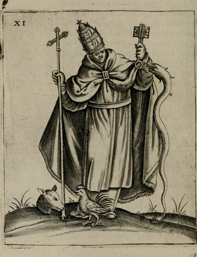 An illustration from Vaticinia, siue Prophetiae Abbatis Ioachimi, & Anselmi Episcopi Marsicani : cum imaginibus aere incisis, correctione, et pulcritudine, plurium manuscriptorum exemplariu[m] op[er]e, et uariu[m] imaginu[m] tabulis, et delineationibu[s] alijs antehac impressis longè praestantiora; quibus rota, et oraculum Turcicum maxime considerationis adiecta sunt, 1600, leaf 55