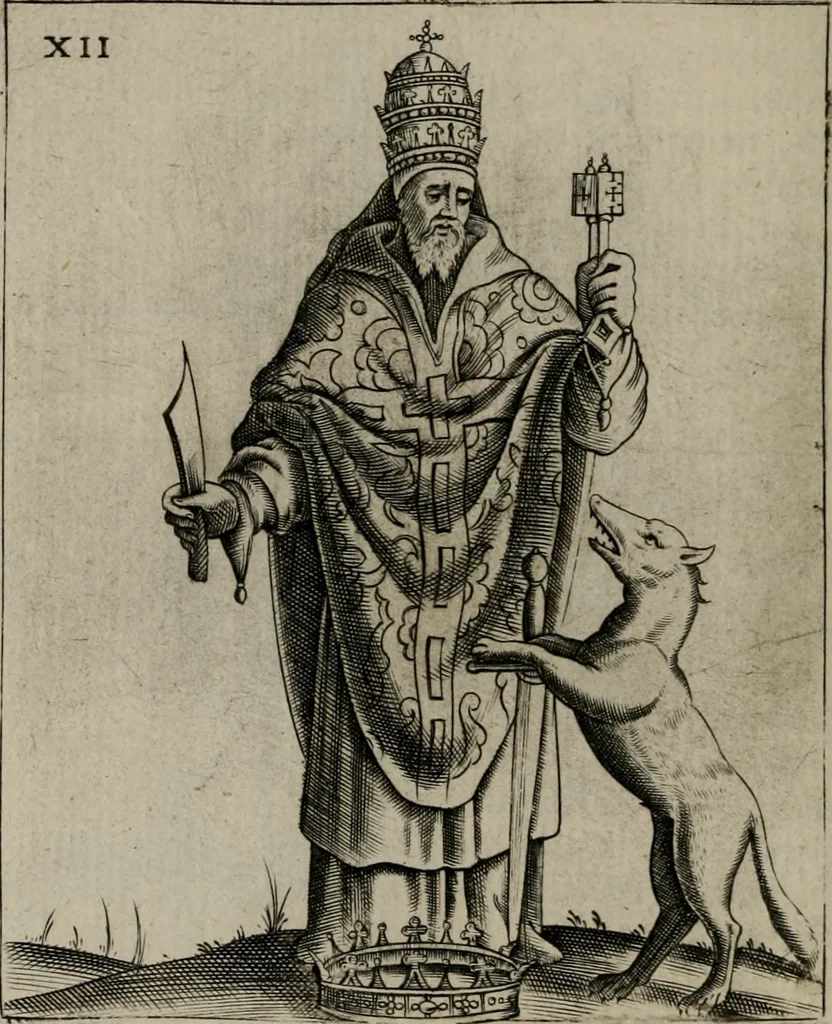 An illustration from Vaticinia, siue Prophetiae Abbatis Ioachimi, & Anselmi Episcopi Marsicani : cum imaginibus aere incisis, correctione, et pulcritudine, plurium manuscriptorum exemplariu[m] op[er]e, et uariu[m] imaginu[m] tabulis, et delineationibu[s] alijs antehac impressis longè praestantiora; quibus rota, et oraculum Turcicum maxime considerationis adiecta sunt, 1600, leaf 57