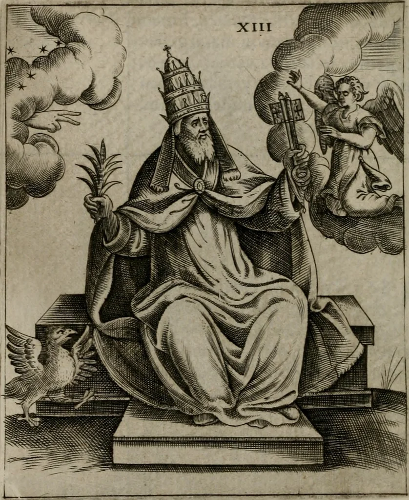An illustration from Vaticinia, siue Prophetiae Abbatis Ioachimi, & Anselmi Episcopi Marsicani : cum imaginibus aere incisis, correctione, et pulcritudine, plurium manuscriptorum exemplariu[m] op[er]e, et uariu[m] imaginu[m] tabulis, et delineationibu[s] alijs antehac impressis longè praestantiora; quibus rota, et oraculum Turcicum maxime considerationis adiecta sunt, 1600, leaf 59