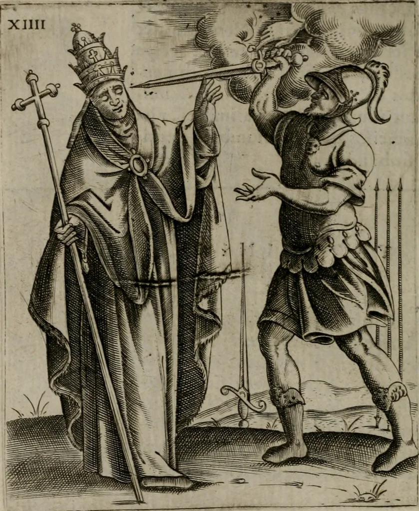 An illustration from Vaticinia, siue Prophetiae Abbatis Ioachimi, & Anselmi Episcopi Marsicani : cum imaginibus aere incisis, correctione, et pulcritudine, plurium manuscriptorum exemplariu[m] op[er]e, et uariu[m] imaginu[m] tabulis, et delineationibu[s] alijs antehac impressis longè praestantiora; quibus rota, et oraculum Turcicum maxime considerationis adiecta sunt, 1600, leaf 61