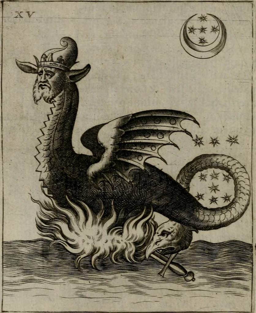An illustration from Vaticinia, siue Prophetiae Abbatis Ioachimi, & Anselmi Episcopi Marsicani : cum imaginibus aere incisis, correctione, et pulcritudine, plurium manuscriptorum exemplariu[m] op[er]e, et uariu[m] imaginu[m] tabulis, et delineationibu[s] alijs antehac impressis longè praestantiora; quibus rota, et oraculum Turcicum maxime considerationis adiecta sunt, 1600, leaf 63
