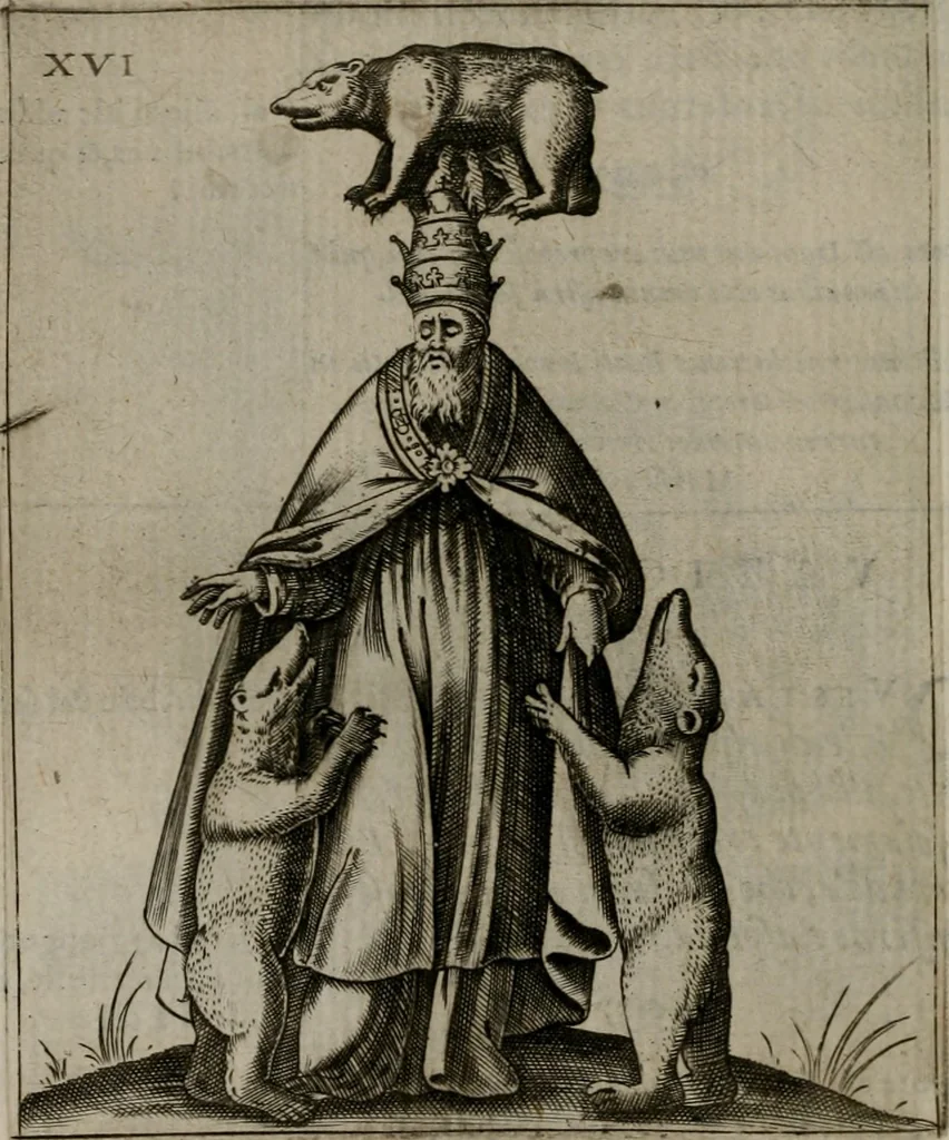 An illustration from Vaticinia, siue Prophetiae Abbatis Ioachimi, & Anselmi Episcopi Marsicani : cum imaginibus aere incisis, correctione, et pulcritudine, plurium manuscriptorum exemplariu[m] op[er]e, et uariu[m] imaginu[m] tabulis, et delineationibu[s] alijs antehac impressis longè praestantiora; quibus rota, et oraculum Turcicum maxime considerationis adiecta sunt, 1600, leaf 65