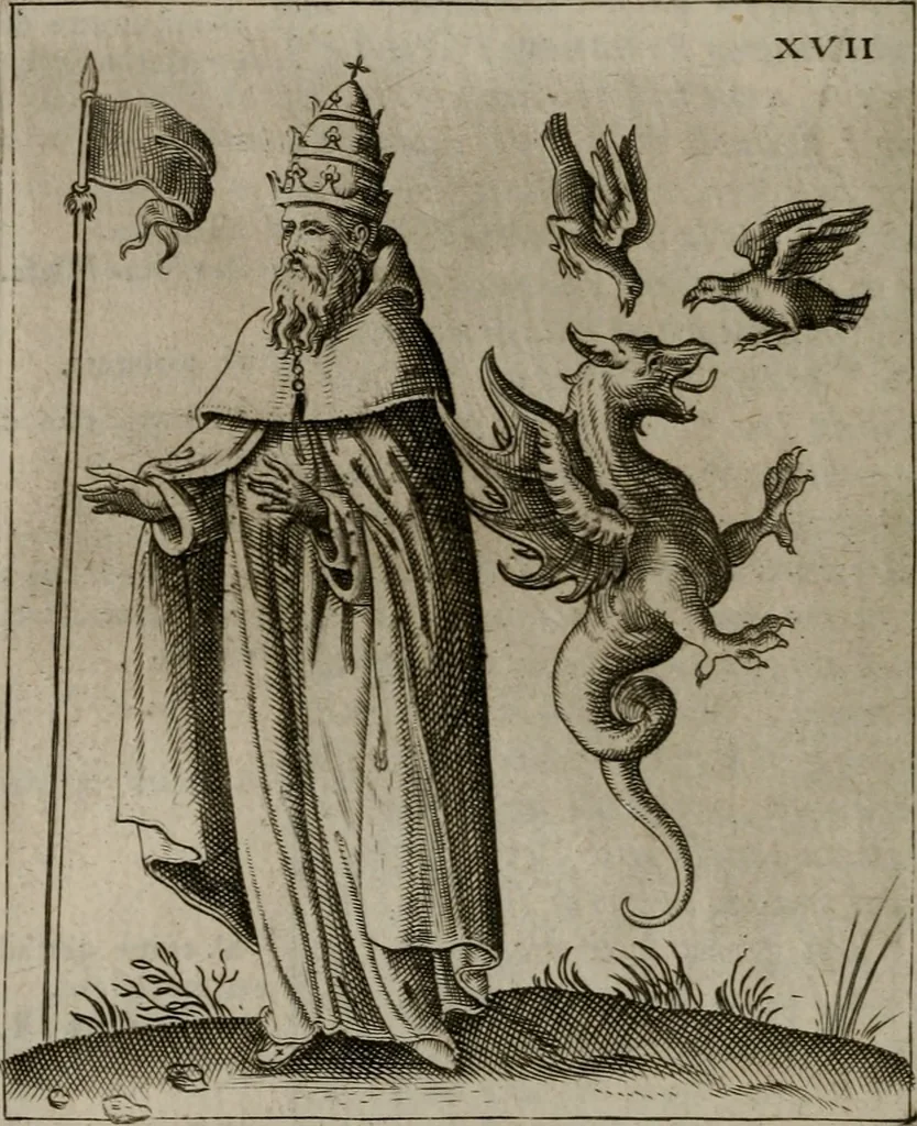 An illustration from Vaticinia, siue Prophetiae Abbatis Ioachimi, & Anselmi Episcopi Marsicani : cum imaginibus aere incisis, correctione, et pulcritudine, plurium manuscriptorum exemplariu[m] op[er]e, et uariu[m] imaginu[m] tabulis, et delineationibu[s] alijs antehac impressis longè praestantiora; quibus rota, et oraculum Turcicum maxime considerationis adiecta sunt, 1600, leaf 69