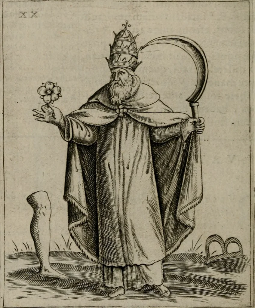An illustration from Vaticinia, siue Prophetiae Abbatis Ioachimi, & Anselmi Episcopi Marsicani : cum imaginibus aere incisis, correctione, et pulcritudine, plurium manuscriptorum exemplariu[m] op[er]e, et uariu[m] imaginu[m] tabulis, et delineationibu[s] alijs antehac impressis longè praestantiora; quibus rota, et oraculum Turcicum maxime considerationis adiecta sunt, 1600, leaf 75