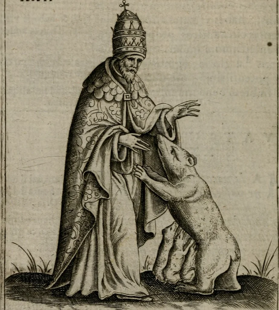 An illustration from Vaticinia, siue Prophetiae Abbatis Ioachimi, & Anselmi Episcopi Marsicani : cum imaginibus aere incisis, correctione, et pulcritudine, plurium manuscriptorum exemplariu[m] op[er]e, et uariu[m] imaginu[m] tabulis, et delineationibu[s] alijs antehac impressis longè praestantiora; quibus rota, et oraculum Turcicum maxime considerationis adiecta sunt, 1600, leaf 79