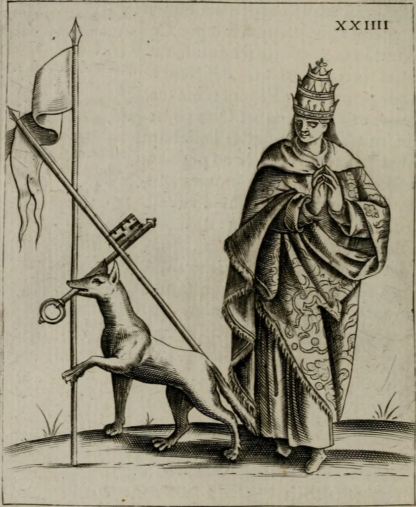 An illustration from Vaticinia, siue Prophetiae Abbatis Ioachimi, & Anselmi Episcopi Marsicani : cum imaginibus aere incisis, correctione, et pulcritudine, plurium manuscriptorum exemplariu[m] op[er]e, et uariu[m] imaginu[m] tabulis, et delineationibu[s] alijs antehac impressis longè praestantiora; quibus rota, et oraculum Turcicum maxime considerationis adiecta sunt, 1600, leaf 83