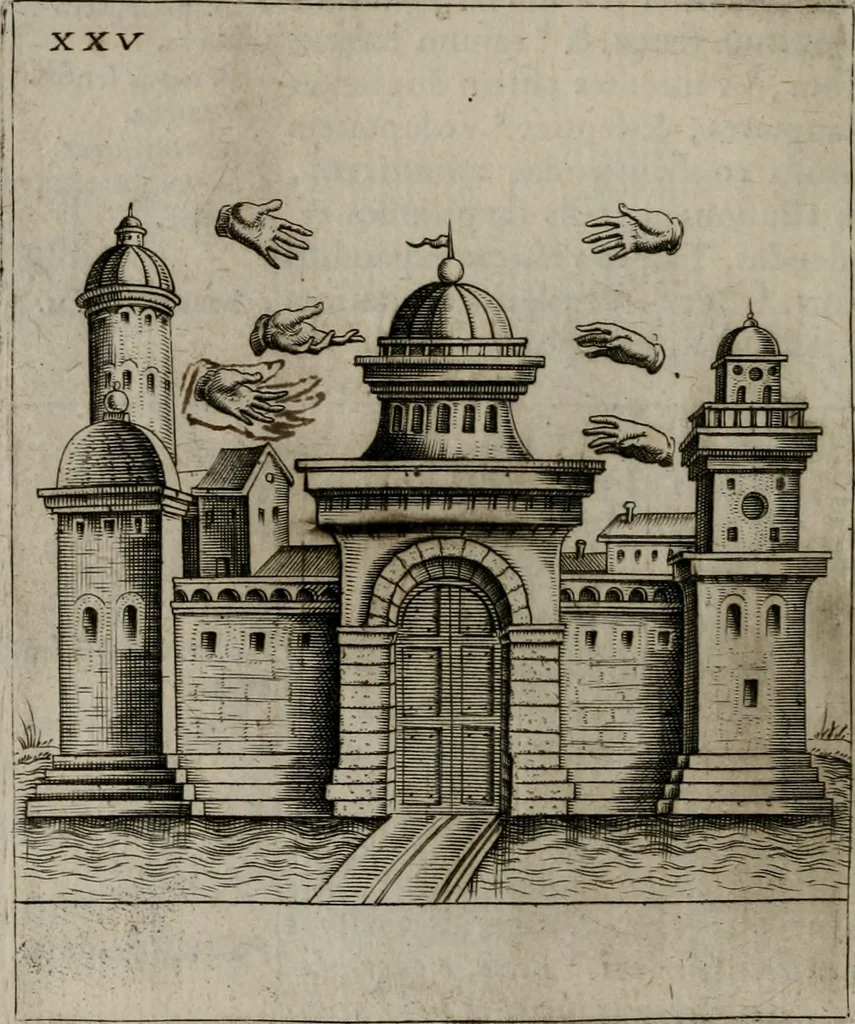 An illustration from Vaticinia, siue Prophetiae Abbatis Ioachimi, & Anselmi Episcopi Marsicani : cum imaginibus aere incisis, correctione, et pulcritudine, plurium manuscriptorum exemplariu[m] op[er]e, et uariu[m] imaginu[m] tabulis, et delineationibu[s] alijs antehac impressis longè praestantiora; quibus rota, et oraculum Turcicum maxime considerationis adiecta sunt, 1600, leaf 85