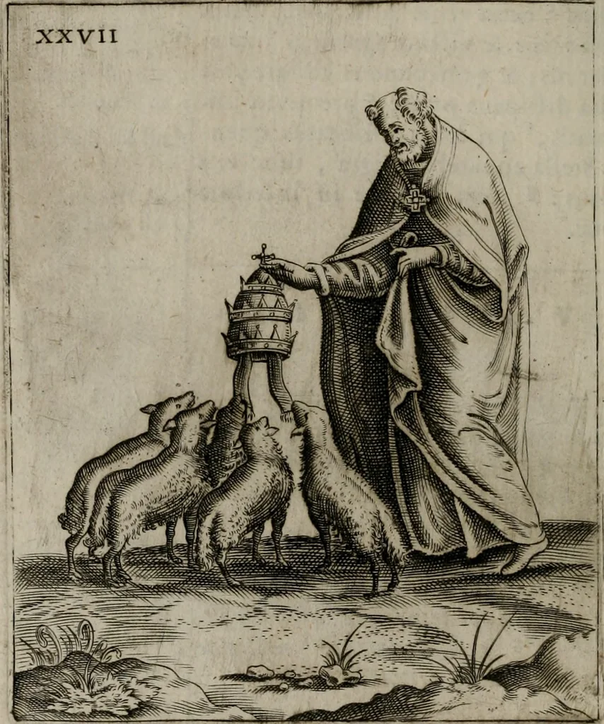 An illustration from Vaticinia, siue Prophetiae Abbatis Ioachimi, & Anselmi Episcopi Marsicani : cum imaginibus aere incisis, correctione, et pulcritudine, plurium manuscriptorum exemplariu[m] op[er]e, et uariu[m] imaginu[m] tabulis, et delineationibu[s] alijs antehac impressis longè praestantiora; quibus rota, et oraculum Turcicum maxime considerationis adiecta sunt, 1600, leaf 89