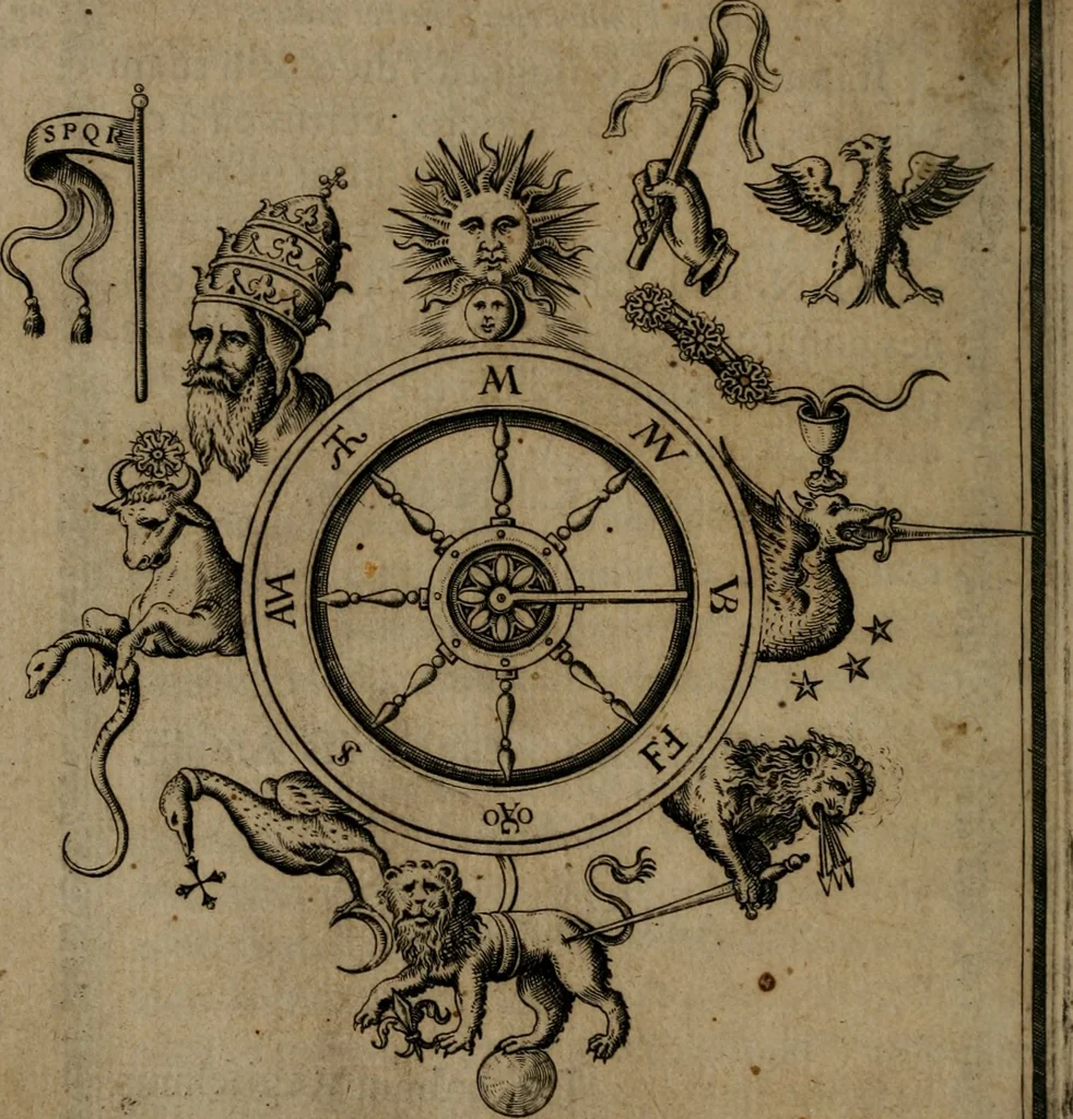 An illustration from Vaticinia, siue Prophetiae Abbatis Ioachimi, & Anselmi Episcopi Marsicani : cum imaginibus aere incisis, correctione, et pulcritudine, plurium manuscriptorum exemplariu[m] op[er]e, et uariu[m] imaginu[m] tabulis, et delineationibu[s] alijs antehac impressis longè praestantiora; quibus rota, et oraculum Turcicum maxime considerationis adiecta sunt, 1600, leaf 9