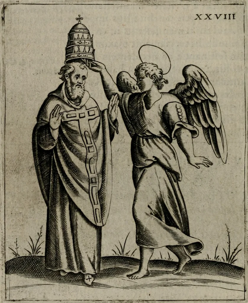 An illustration from Vaticinia, siue Prophetiae Abbatis Ioachimi, & Anselmi Episcopi Marsicani : cum imaginibus aere incisis, correctione, et pulcritudine, plurium manuscriptorum exemplariu[m] op[er]e, et uariu[m] imaginu[m] tabulis, et delineationibu[s] alijs antehac impressis longè praestantiora; quibus rota, et oraculum Turcicum maxime considerationis adiecta sunt, 1600, leaf 91