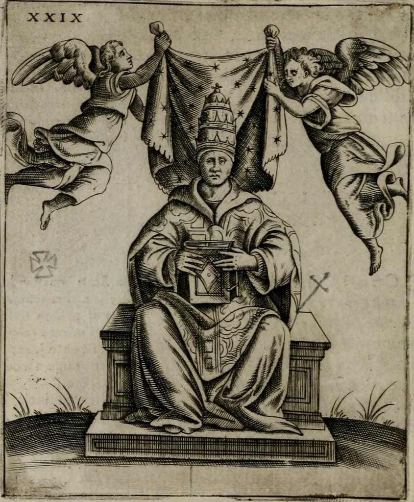 An illustration from Vaticinia, siue Prophetiae Abbatis Ioachimi, & Anselmi Episcopi Marsicani : cum imaginibus aere incisis, correctione, et pulcritudine, plurium manuscriptorum exemplariu[m] op[er]e, et uariu[m] imaginu[m] tabulis, et delineationibu[s] alijs antehac impressis longè praestantiora; quibus rota, et oraculum Turcicum maxime considerationis adiecta sunt, 1600, leaf 93