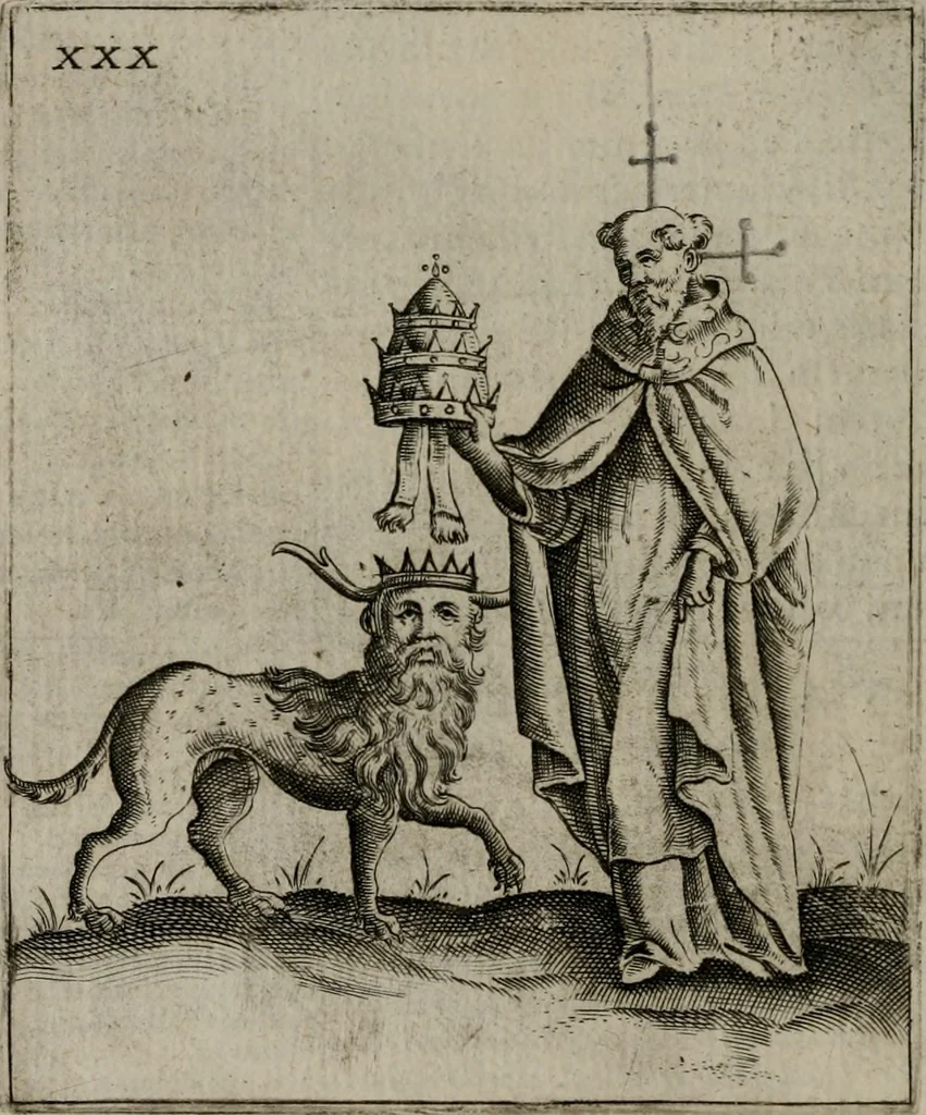An illustration from Vaticinia, siue Prophetiae Abbatis Ioachimi, & Anselmi Episcopi Marsicani : cum imaginibus aere incisis, correctione, et pulcritudine, plurium manuscriptorum exemplariu[m] op[er]e, et uariu[m] imaginu[m] tabulis, et delineationibu[s] alijs antehac impressis longè praestantiora; quibus rota, et oraculum Turcicum maxime considerationis adiecta sunt, 1600, leaf 95