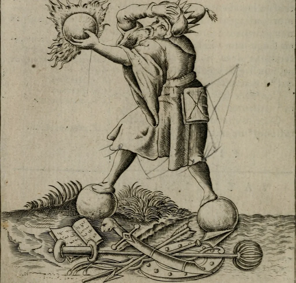 An illustration from Vaticinia, siue Prophetiae Abbatis Ioachimi, & Anselmi Episcopi Marsicani : cum imaginibus aere incisis, correctione, et pulcritudine, plurium manuscriptorum exemplariu[m] op[er]e, et uariu[m] imaginu[m] tabulis, et delineationibu[s] alijs antehac impressis longè praestantiora; quibus rota, et oraculum Turcicum maxime considerationis adiecta sunt, 1600, leaf 97