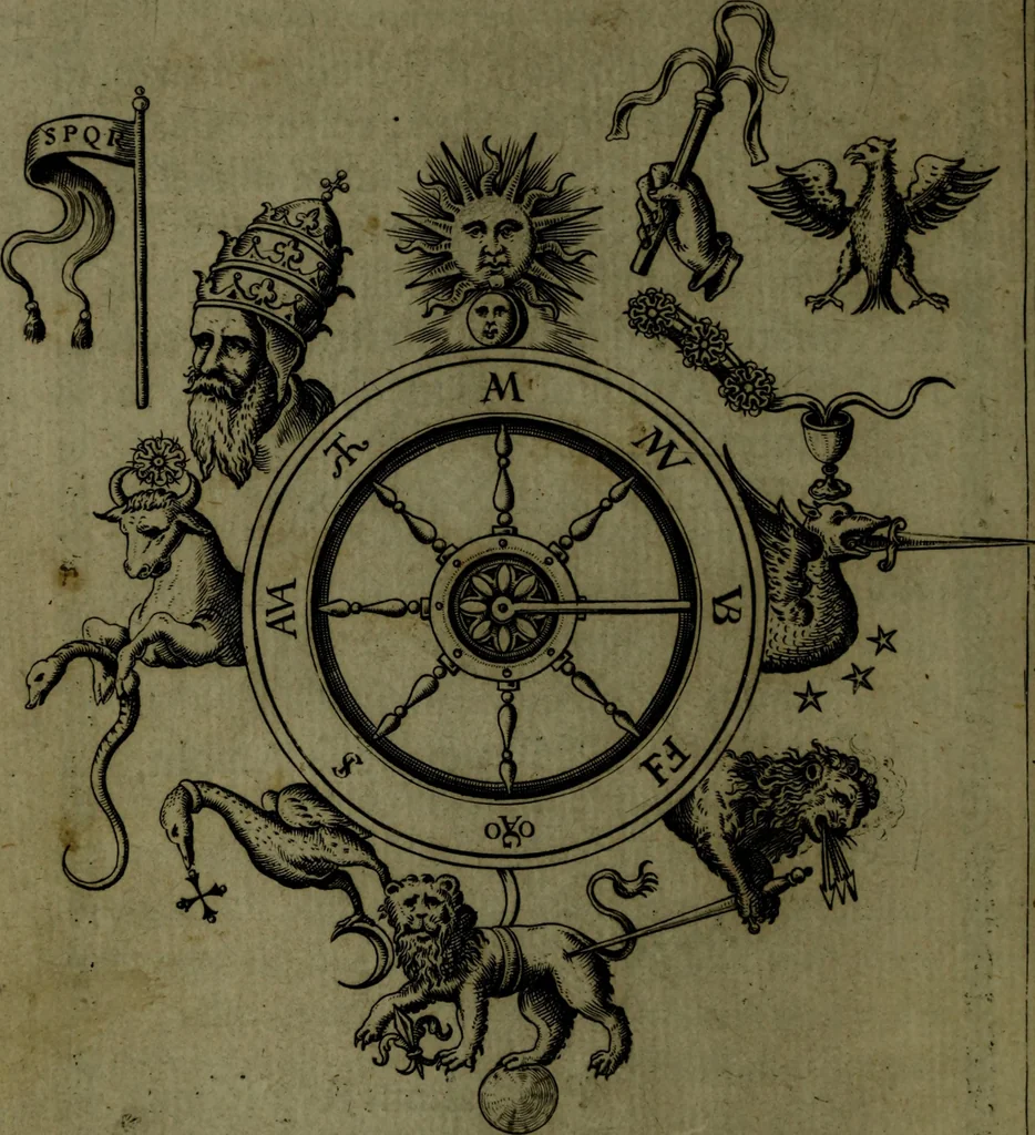 An illustration from Vaticinia, sive, Prophetiae Abbatis Ioachimi, [and] Anselmi Episcopi Marsicani; cum imaginibus aere incisis, correctione, et pulcritudine, plurium manuscriptorum exemplari ope, et variar imagin tabulis, et delineationibù, aliis antehac impressis longè praestantiora; quibus Rota, et Oraculum Turcicum maxime considerationis adiecta sunt; una cum praefatione et adnotationibus Paschalini Regiselmi, 1600, leaf 11