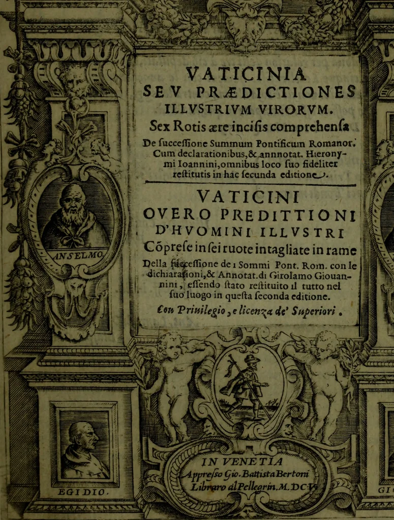 An illustration from Vaticinia, sive, Prophetiae Abbatis Ioachimi, [and] Anselmi Episcopi Marsicani; cum imaginibus aere incisis, correctione, et pulcritudine, plurium manuscriptorum exemplari ope, et variar imagin tabulis, et delineationibù, aliis antehac impressis longè praestantiora; quibus Rota, et Oraculum Turcicum maxime considerationis adiecta sunt; una cum praefatione et adnotationibus Paschalini Regiselmi, 1600, leaf 148