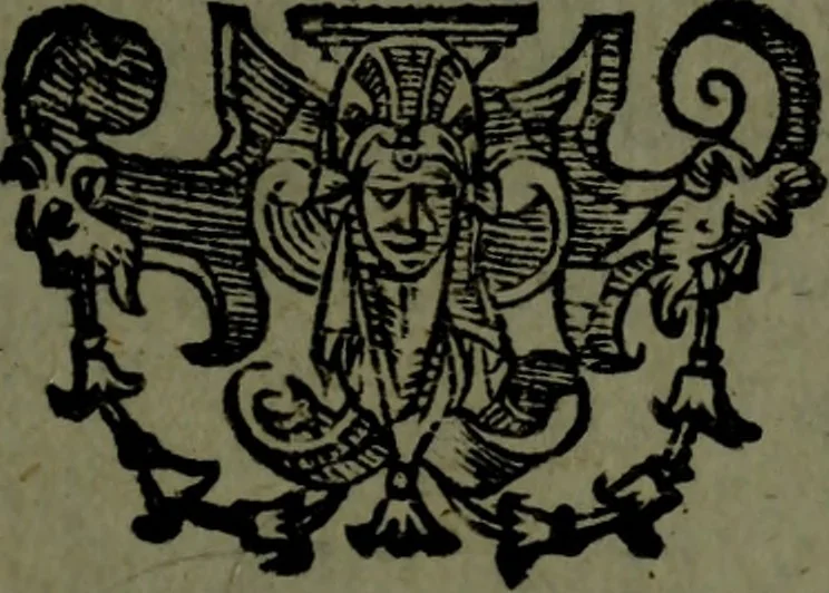 An illustration from Vaticinia, sive, Prophetiae Abbatis Ioachimi, [and] Anselmi Episcopi Marsicani; cum imaginibus aere incisis, correctione, et pulcritudine, plurium manuscriptorum exemplari ope, et variar imagin tabulis, et delineationibù, aliis antehac impressis longè praestantiora; quibus Rota, et Oraculum Turcicum maxime considerationis adiecta sunt; una cum praefatione et adnotationibus Paschalini Regiselmi, 1600, leaf 156