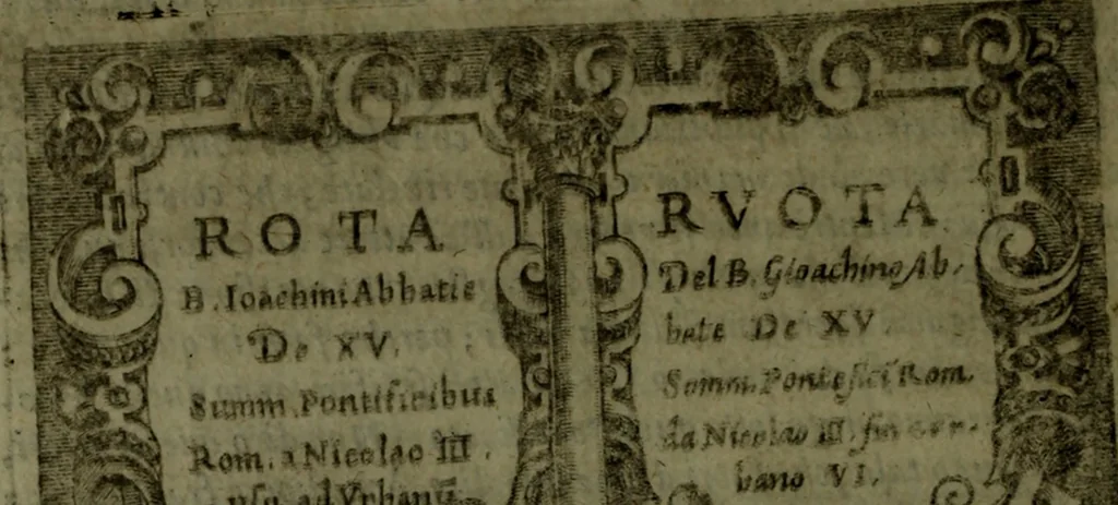 An illustration from Vaticinia, sive, Prophetiae Abbatis Ioachimi, [and] Anselmi Episcopi Marsicani; cum imaginibus aere incisis, correctione, et pulcritudine, plurium manuscriptorum exemplari ope, et variar imagin tabulis, et delineationibù, aliis antehac impressis longè praestantiora; quibus Rota, et Oraculum Turcicum maxime considerationis adiecta sunt; una cum praefatione et adnotationibus Paschalini Regiselmi, 1600, leaf 157