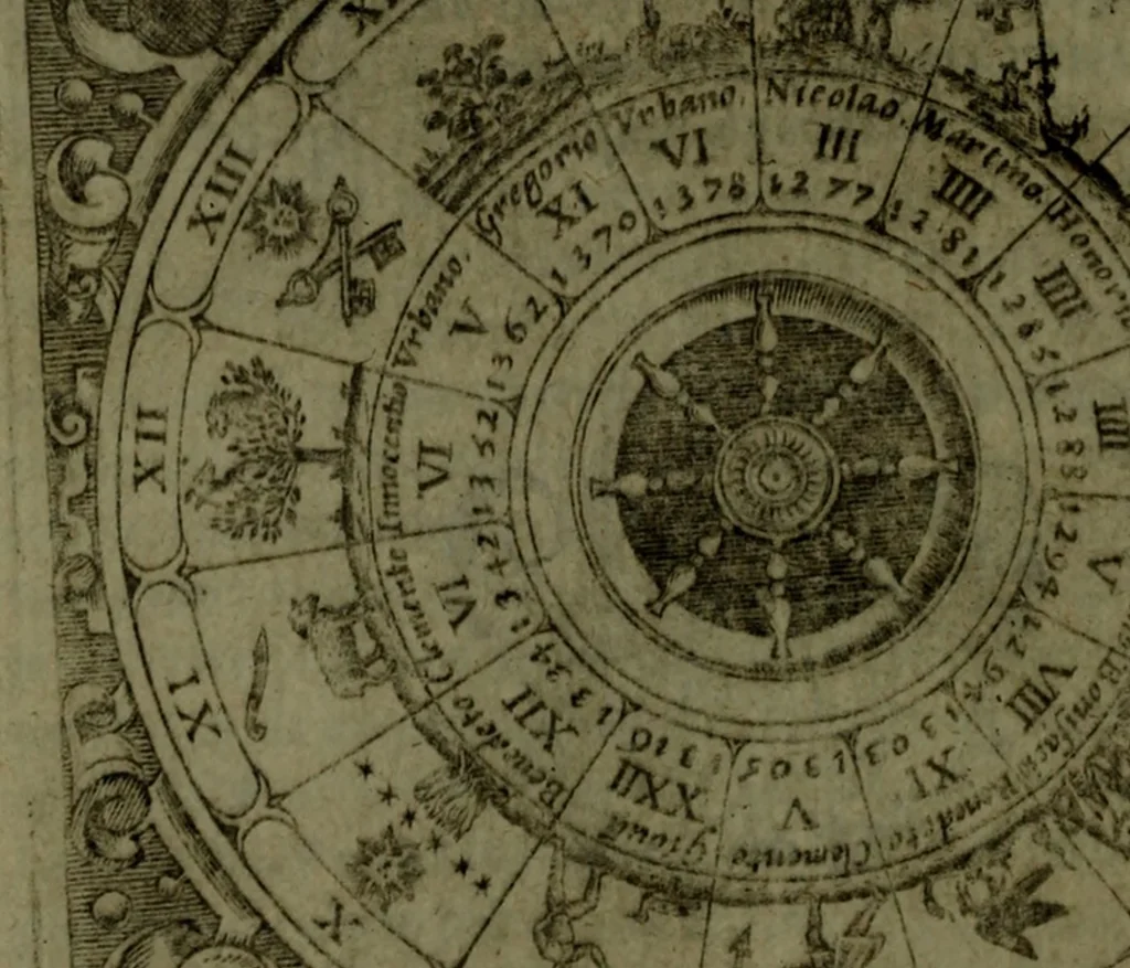 An illustration from Vaticinia, sive, Prophetiae Abbatis Ioachimi, [and] Anselmi Episcopi Marsicani; cum imaginibus aere incisis, correctione, et pulcritudine, plurium manuscriptorum exemplari ope, et variar imagin tabulis, et delineationibù, aliis antehac impressis longè praestantiora; quibus Rota, et Oraculum Turcicum maxime considerationis adiecta sunt; una cum praefatione et adnotationibus Paschalini Regiselmi, 1600, leaf 157