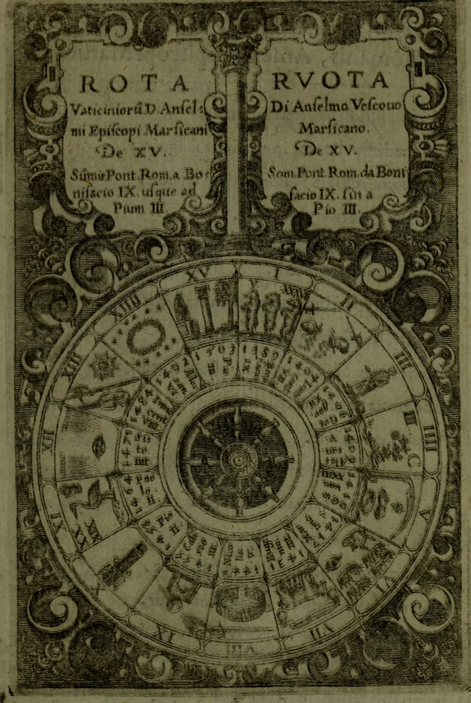 An illustration from Vaticinia, sive, Prophetiae Abbatis Ioachimi, [and] Anselmi Episcopi Marsicani; cum imaginibus aere incisis, correctione, et pulcritudine, plurium manuscriptorum exemplari ope, et variar imagin tabulis, et delineationibù, aliis antehac impressis longè praestantiora; quibus Rota, et Oraculum Turcicum maxime considerationis adiecta sunt; una cum praefatione et adnotationibus Paschalini Regiselmi, 1600, leaf 160