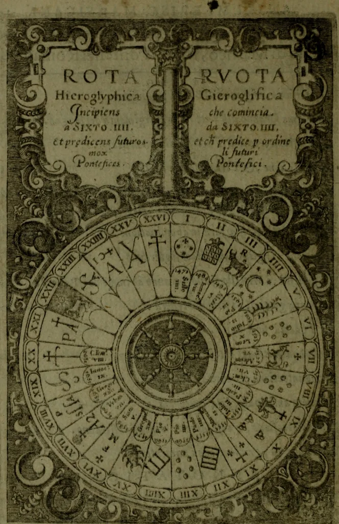 An illustration from Vaticinia, sive, Prophetiae Abbatis Ioachimi, [and] Anselmi Episcopi Marsicani; cum imaginibus aere incisis, correctione, et pulcritudine, plurium manuscriptorum exemplari ope, et variar imagin tabulis, et delineationibù, aliis antehac impressis longè praestantiora; quibus Rota, et Oraculum Turcicum maxime considerationis adiecta sunt; una cum praefatione et adnotationibus Paschalini Regiselmi, 1600, leaf 163