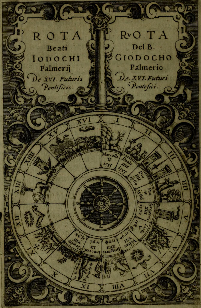 An illustration from Vaticinia, sive, Prophetiae Abbatis Ioachimi, [and] Anselmi Episcopi Marsicani; cum imaginibus aere incisis, correctione, et pulcritudine, plurium manuscriptorum exemplari ope, et variar imagin tabulis, et delineationibù, aliis antehac impressis longè praestantiora; quibus Rota, et Oraculum Turcicum maxime considerationis adiecta sunt; una cum praefatione et adnotationibus Paschalini Regiselmi, 1600, leaf 169