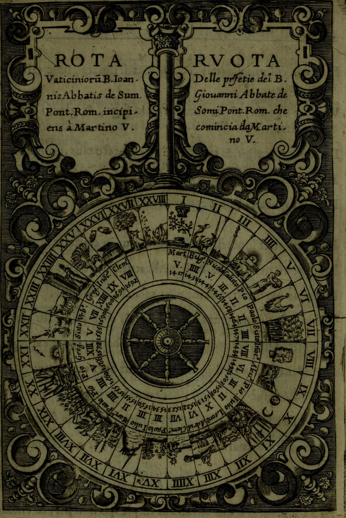 An illustration from Vaticinia, sive, Prophetiae Abbatis Ioachimi, [and] Anselmi Episcopi Marsicani; cum imaginibus aere incisis, correctione, et pulcritudine, plurium manuscriptorum exemplari ope, et variar imagin tabulis, et delineationibù, aliis antehac impressis longè praestantiora; quibus Rota, et Oraculum Turcicum maxime considerationis adiecta sunt; una cum praefatione et adnotationibus Paschalini Regiselmi, 1600, leaf 180