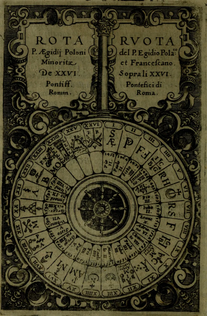 An illustration from Vaticinia, sive, Prophetiae Abbatis Ioachimi, [and] Anselmi Episcopi Marsicani; cum imaginibus aere incisis, correctione, et pulcritudine, plurium manuscriptorum exemplari ope, et variar imagin tabulis, et delineationibù, aliis antehac impressis longè praestantiora; quibus Rota, et Oraculum Turcicum maxime considerationis adiecta sunt; una cum praefatione et adnotationibus Paschalini Regiselmi, 1600, leaf 191