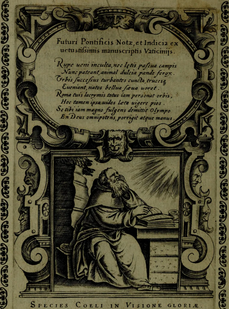 An illustration from Vaticinia, sive, Prophetiae Abbatis Ioachimi, [and] Anselmi Episcopi Marsicani; cum imaginibus aere incisis, correctione, et pulcritudine, plurium manuscriptorum exemplari ope, et variar imagin tabulis, et delineationibù, aliis antehac impressis longè praestantiora; quibus Rota, et Oraculum Turcicum maxime considerationis adiecta sunt; una cum praefatione et adnotationibus Paschalini Regiselmi, 1600, leaf 27