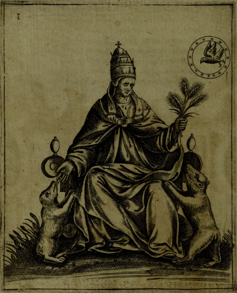 An illustration from Vaticinia, sive, Prophetiae Abbatis Ioachimi, [and] Anselmi Episcopi Marsicani; cum imaginibus aere incisis, correctione, et pulcritudine, plurium manuscriptorum exemplari ope, et variar imagin tabulis, et delineationibù, aliis antehac impressis longè praestantiora; quibus Rota, et Oraculum Turcicum maxime considerationis adiecta sunt; una cum praefatione et adnotationibus Paschalini Regiselmi, 1600, leaf 37