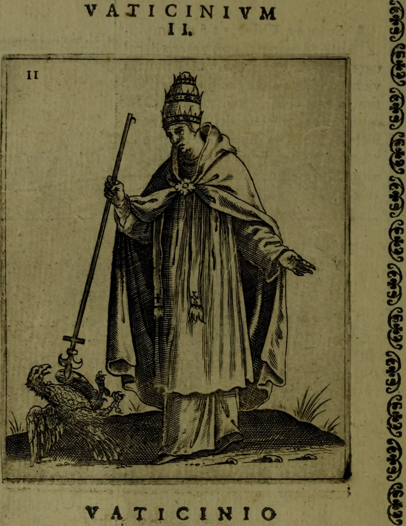 An illustration from Vaticinia, sive, Prophetiae Abbatis Ioachimi, [and] Anselmi Episcopi Marsicani; cum imaginibus aere incisis, correctione, et pulcritudine, plurium manuscriptorum exemplari ope, et variar imagin tabulis, et delineationibù, aliis antehac impressis longè praestantiora; quibus Rota, et Oraculum Turcicum maxime considerationis adiecta sunt; una cum praefatione et adnotationibus Paschalini Regiselmi, 1600, leaf 39