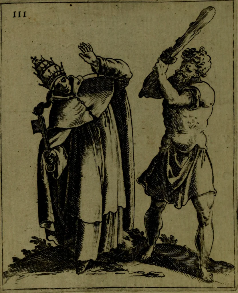 An illustration from Vaticinia, sive, Prophetiae Abbatis Ioachimi, [and] Anselmi Episcopi Marsicani; cum imaginibus aere incisis, correctione, et pulcritudine, plurium manuscriptorum exemplari ope, et variar imagin tabulis, et delineationibù, aliis antehac impressis longè praestantiora; quibus Rota, et Oraculum Turcicum maxime considerationis adiecta sunt; una cum praefatione et adnotationibus Paschalini Regiselmi, 1600, leaf 41