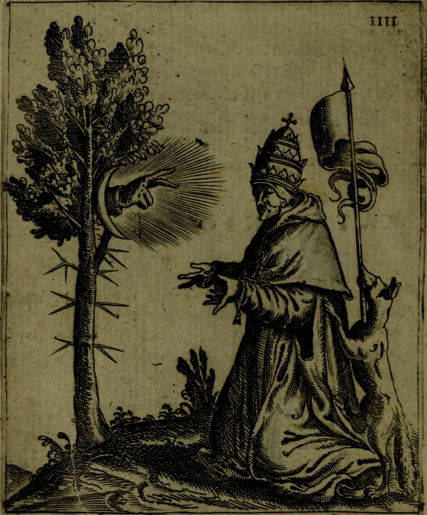 An illustration from Vaticinia, sive, Prophetiae Abbatis Ioachimi, [and] Anselmi Episcopi Marsicani; cum imaginibus aere incisis, correctione, et pulcritudine, plurium manuscriptorum exemplari ope, et variar imagin tabulis, et delineationibù, aliis antehac impressis longè praestantiora; quibus Rota, et Oraculum Turcicum maxime considerationis adiecta sunt; una cum praefatione et adnotationibus Paschalini Regiselmi, 1600, leaf 43
