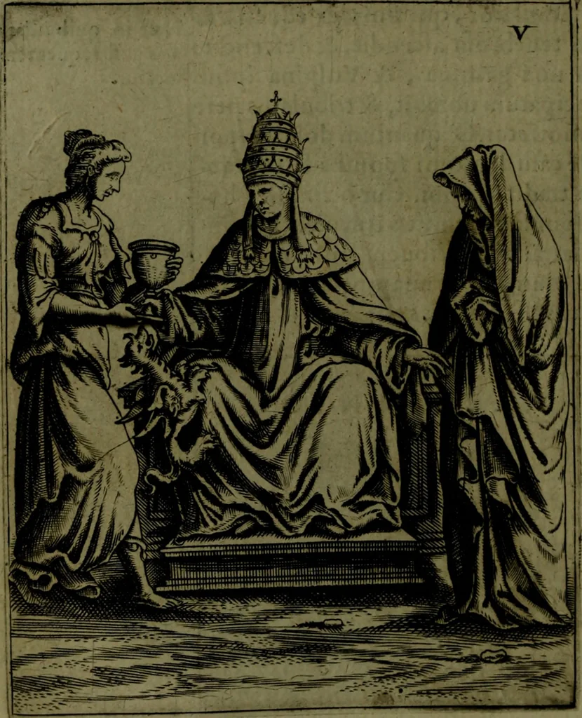An illustration from Vaticinia, sive, Prophetiae Abbatis Ioachimi, [and] Anselmi Episcopi Marsicani; cum imaginibus aere incisis, correctione, et pulcritudine, plurium manuscriptorum exemplari ope, et variar imagin tabulis, et delineationibù, aliis antehac impressis longè praestantiora; quibus Rota, et Oraculum Turcicum maxime considerationis adiecta sunt; una cum praefatione et adnotationibus Paschalini Regiselmi, 1600, leaf 45