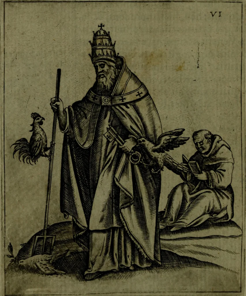 An illustration from Vaticinia, sive, Prophetiae Abbatis Ioachimi, [and] Anselmi Episcopi Marsicani; cum imaginibus aere incisis, correctione, et pulcritudine, plurium manuscriptorum exemplari ope, et variar imagin tabulis, et delineationibù, aliis antehac impressis longè praestantiora; quibus Rota, et Oraculum Turcicum maxime considerationis adiecta sunt; una cum praefatione et adnotationibus Paschalini Regiselmi, 1600, leaf 47