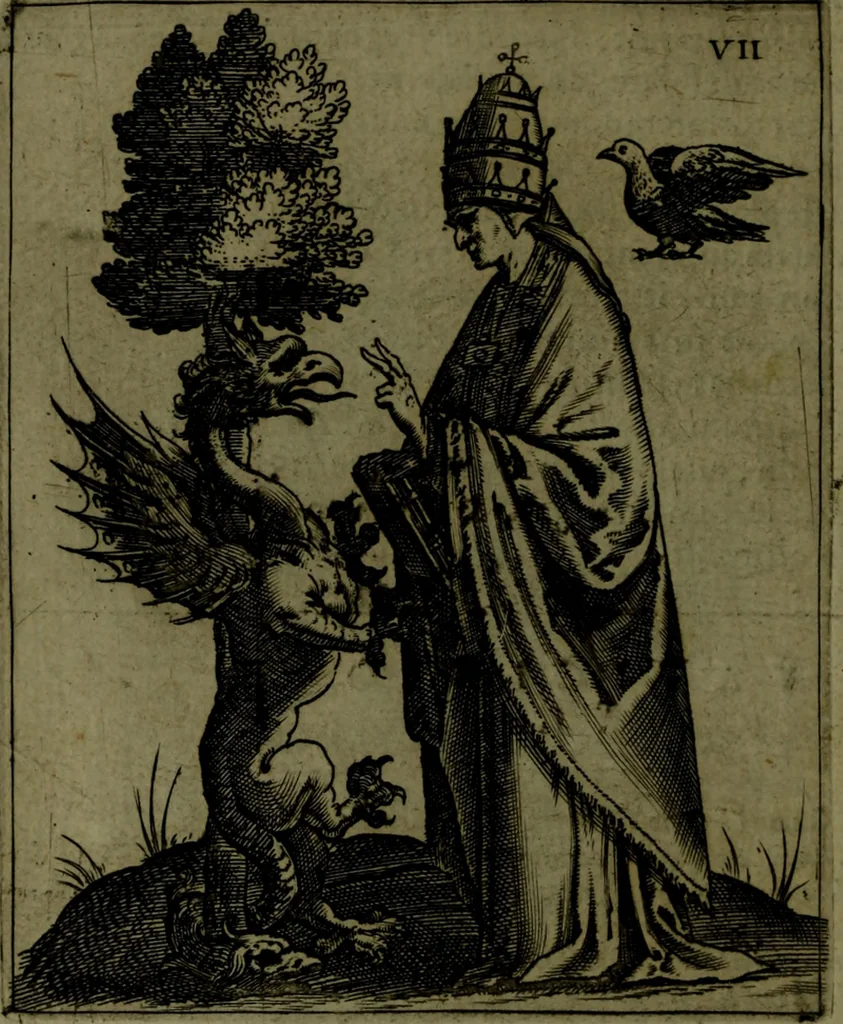 An illustration from Vaticinia, sive, Prophetiae Abbatis Ioachimi, [and] Anselmi Episcopi Marsicani; cum imaginibus aere incisis, correctione, et pulcritudine, plurium manuscriptorum exemplari ope, et variar imagin tabulis, et delineationibù, aliis antehac impressis longè praestantiora; quibus Rota, et Oraculum Turcicum maxime considerationis adiecta sunt; una cum praefatione et adnotationibus Paschalini Regiselmi, 1600, leaf 49