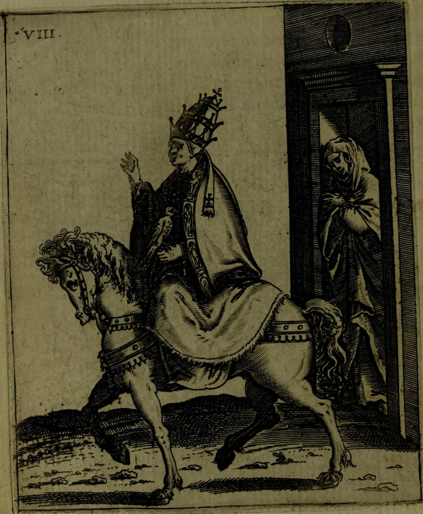 An illustration from Vaticinia, sive, Prophetiae Abbatis Ioachimi, [and] Anselmi Episcopi Marsicani; cum imaginibus aere incisis, correctione, et pulcritudine, plurium manuscriptorum exemplari ope, et variar imagin tabulis, et delineationibù, aliis antehac impressis longè praestantiora; quibus Rota, et Oraculum Turcicum maxime considerationis adiecta sunt; una cum praefatione et adnotationibus Paschalini Regiselmi, 1600, leaf 51