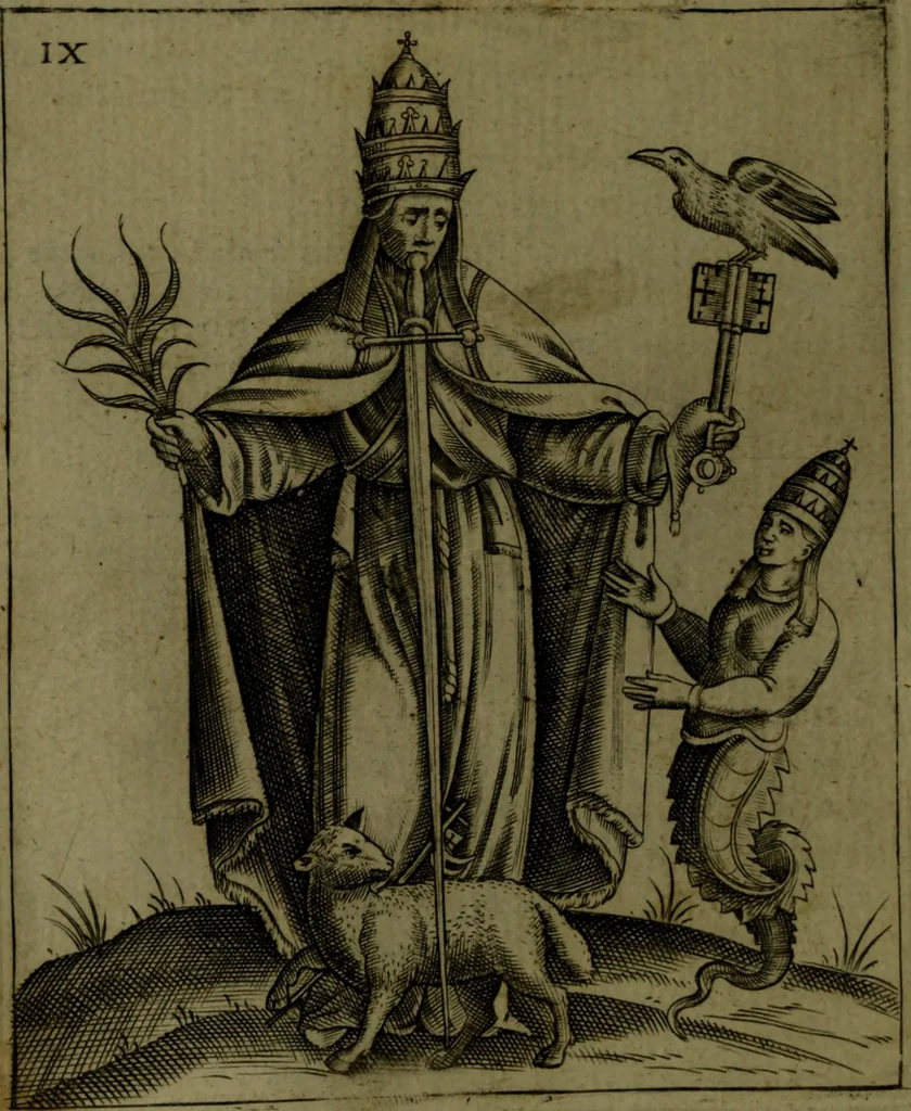 An illustration from Vaticinia, sive, Prophetiae Abbatis Ioachimi, [and] Anselmi Episcopi Marsicani; cum imaginibus aere incisis, correctione, et pulcritudine, plurium manuscriptorum exemplari ope, et variar imagin tabulis, et delineationibù, aliis antehac impressis longè praestantiora; quibus Rota, et Oraculum Turcicum maxime considerationis adiecta sunt; una cum praefatione et adnotationibus Paschalini Regiselmi, 1600, leaf 53