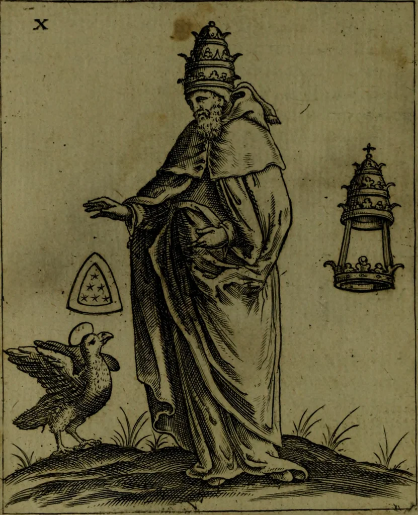 An illustration from Vaticinia, sive, Prophetiae Abbatis Ioachimi, [and] Anselmi Episcopi Marsicani; cum imaginibus aere incisis, correctione, et pulcritudine, plurium manuscriptorum exemplari ope, et variar imagin tabulis, et delineationibù, aliis antehac impressis longè praestantiora; quibus Rota, et Oraculum Turcicum maxime considerationis adiecta sunt; una cum praefatione et adnotationibus Paschalini Regiselmi, 1600, leaf 55