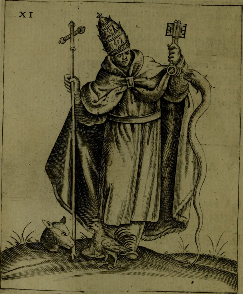 An illustration from Vaticinia, sive, Prophetiae Abbatis Ioachimi, [and] Anselmi Episcopi Marsicani; cum imaginibus aere incisis, correctione, et pulcritudine, plurium manuscriptorum exemplari ope, et variar imagin tabulis, et delineationibù, aliis antehac impressis longè praestantiora; quibus Rota, et Oraculum Turcicum maxime considerationis adiecta sunt; una cum praefatione et adnotationibus Paschalini Regiselmi, 1600, leaf 57