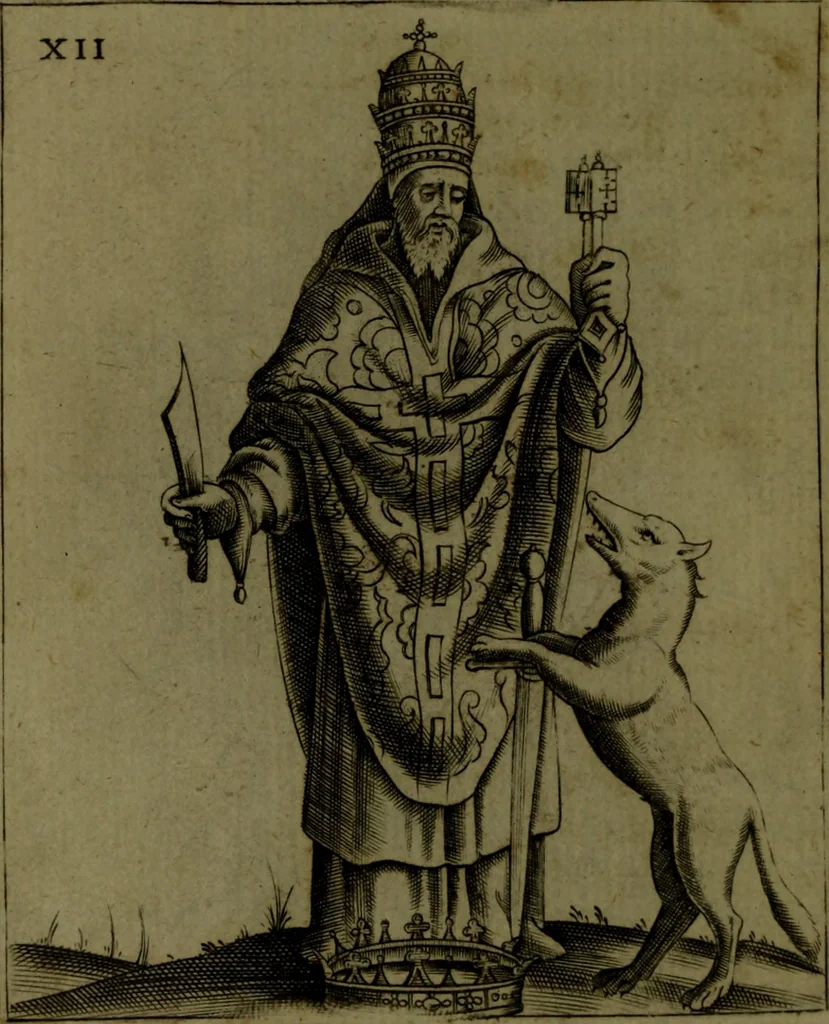 An illustration from Vaticinia, sive, Prophetiae Abbatis Ioachimi, [and] Anselmi Episcopi Marsicani; cum imaginibus aere incisis, correctione, et pulcritudine, plurium manuscriptorum exemplari ope, et variar imagin tabulis, et delineationibù, aliis antehac impressis longè praestantiora; quibus Rota, et Oraculum Turcicum maxime considerationis adiecta sunt; una cum praefatione et adnotationibus Paschalini Regiselmi, 1600, leaf 59