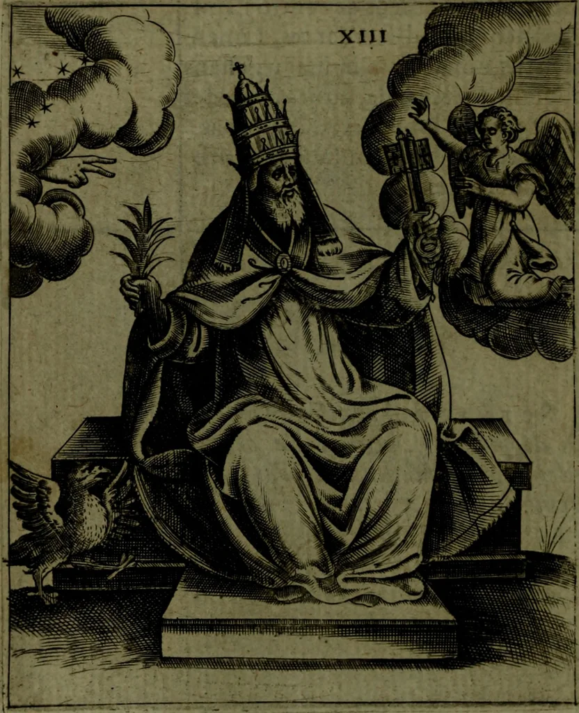 An illustration from Vaticinia, sive, Prophetiae Abbatis Ioachimi, [and] Anselmi Episcopi Marsicani; cum imaginibus aere incisis, correctione, et pulcritudine, plurium manuscriptorum exemplari ope, et variar imagin tabulis, et delineationibù, aliis antehac impressis longè praestantiora; quibus Rota, et Oraculum Turcicum maxime considerationis adiecta sunt; una cum praefatione et adnotationibus Paschalini Regiselmi, 1600, leaf 61