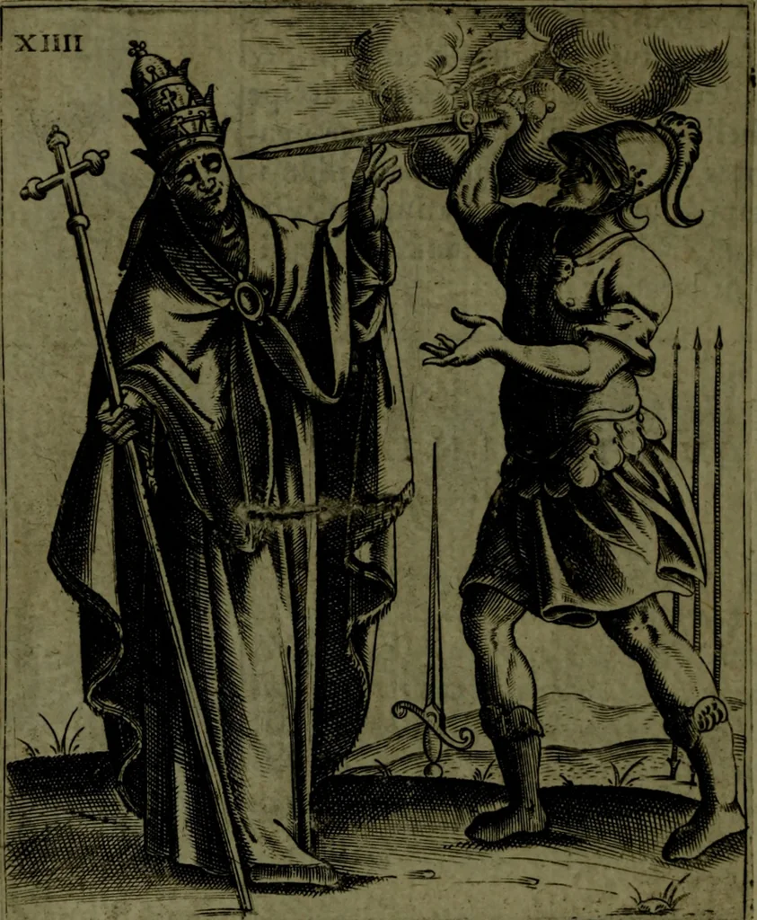 An illustration from Vaticinia, sive, Prophetiae Abbatis Ioachimi, [and] Anselmi Episcopi Marsicani; cum imaginibus aere incisis, correctione, et pulcritudine, plurium manuscriptorum exemplari ope, et variar imagin tabulis, et delineationibù, aliis antehac impressis longè praestantiora; quibus Rota, et Oraculum Turcicum maxime considerationis adiecta sunt; una cum praefatione et adnotationibus Paschalini Regiselmi, 1600, leaf 63