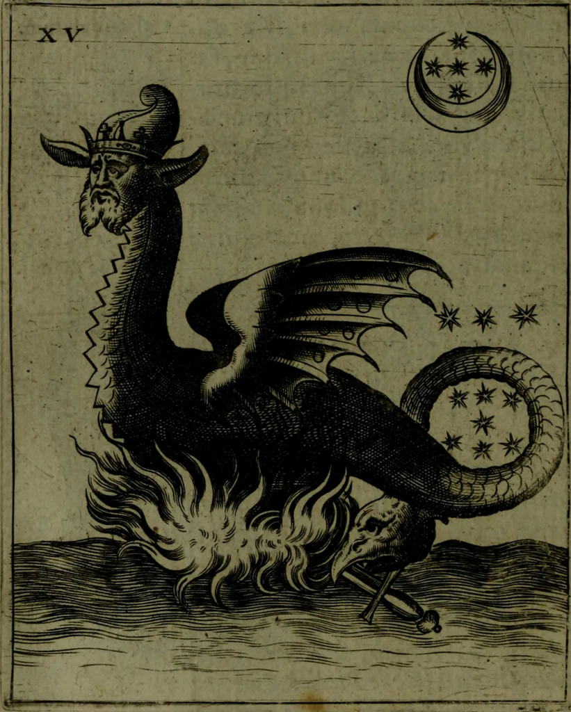 An illustration from Vaticinia, sive, Prophetiae Abbatis Ioachimi, [and] Anselmi Episcopi Marsicani; cum imaginibus aere incisis, correctione, et pulcritudine, plurium manuscriptorum exemplari ope, et variar imagin tabulis, et delineationibù, aliis antehac impressis longè praestantiora; quibus Rota, et Oraculum Turcicum maxime considerationis adiecta sunt; una cum praefatione et adnotationibus Paschalini Regiselmi, 1600, leaf 65