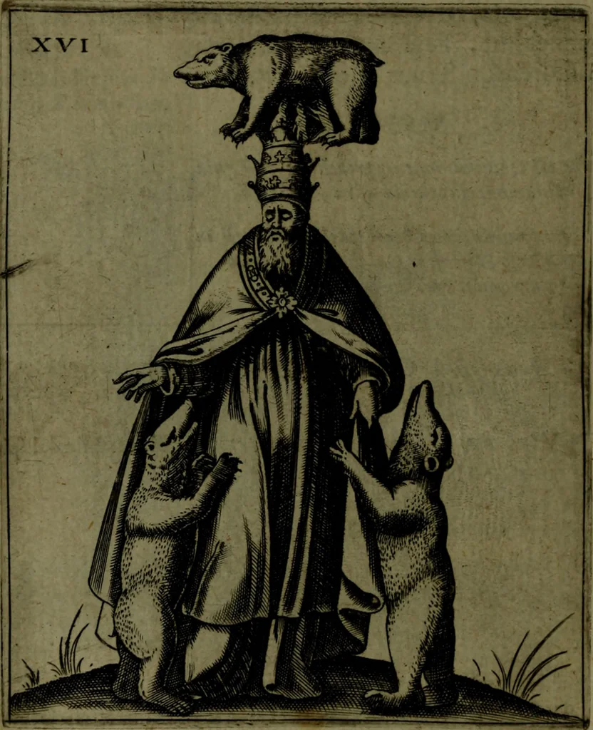 An illustration from Vaticinia, sive, Prophetiae Abbatis Ioachimi, [and] Anselmi Episcopi Marsicani; cum imaginibus aere incisis, correctione, et pulcritudine, plurium manuscriptorum exemplari ope, et variar imagin tabulis, et delineationibù, aliis antehac impressis longè praestantiora; quibus Rota, et Oraculum Turcicum maxime considerationis adiecta sunt; una cum praefatione et adnotationibus Paschalini Regiselmi, 1600, leaf 67