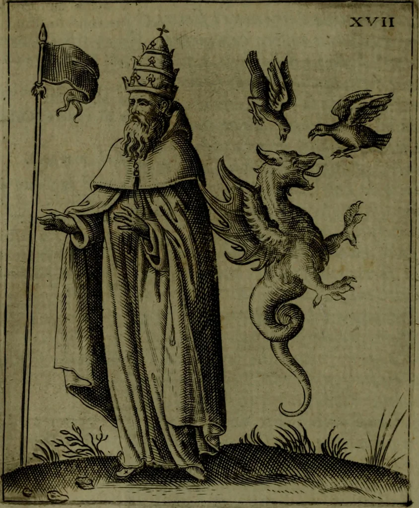 An illustration from Vaticinia, sive, Prophetiae Abbatis Ioachimi, [and] Anselmi Episcopi Marsicani; cum imaginibus aere incisis, correctione, et pulcritudine, plurium manuscriptorum exemplari ope, et variar imagin tabulis, et delineationibù, aliis antehac impressis longè praestantiora; quibus Rota, et Oraculum Turcicum maxime considerationis adiecta sunt; una cum praefatione et adnotationibus Paschalini Regiselmi, 1600, leaf 71