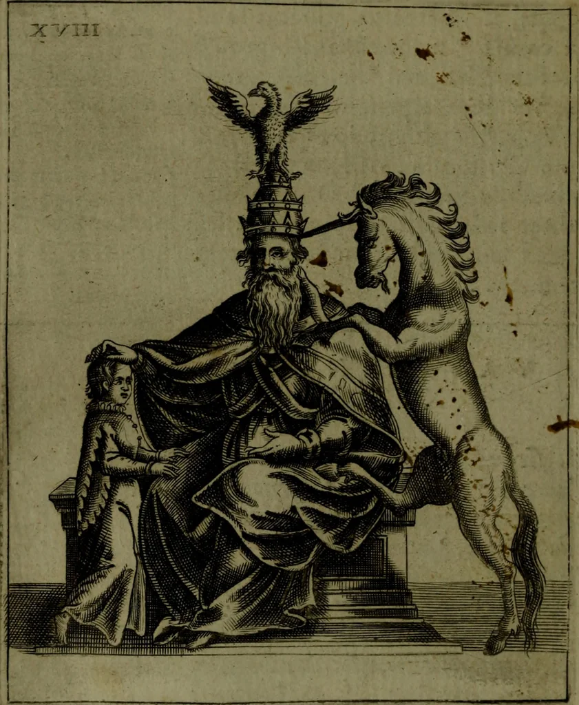 An illustration from Vaticinia, sive, Prophetiae Abbatis Ioachimi, [and] Anselmi Episcopi Marsicani; cum imaginibus aere incisis, correctione, et pulcritudine, plurium manuscriptorum exemplari ope, et variar imagin tabulis, et delineationibù, aliis antehac impressis longè praestantiora; quibus Rota, et Oraculum Turcicum maxime considerationis adiecta sunt; una cum praefatione et adnotationibus Paschalini Regiselmi, 1600, leaf 73