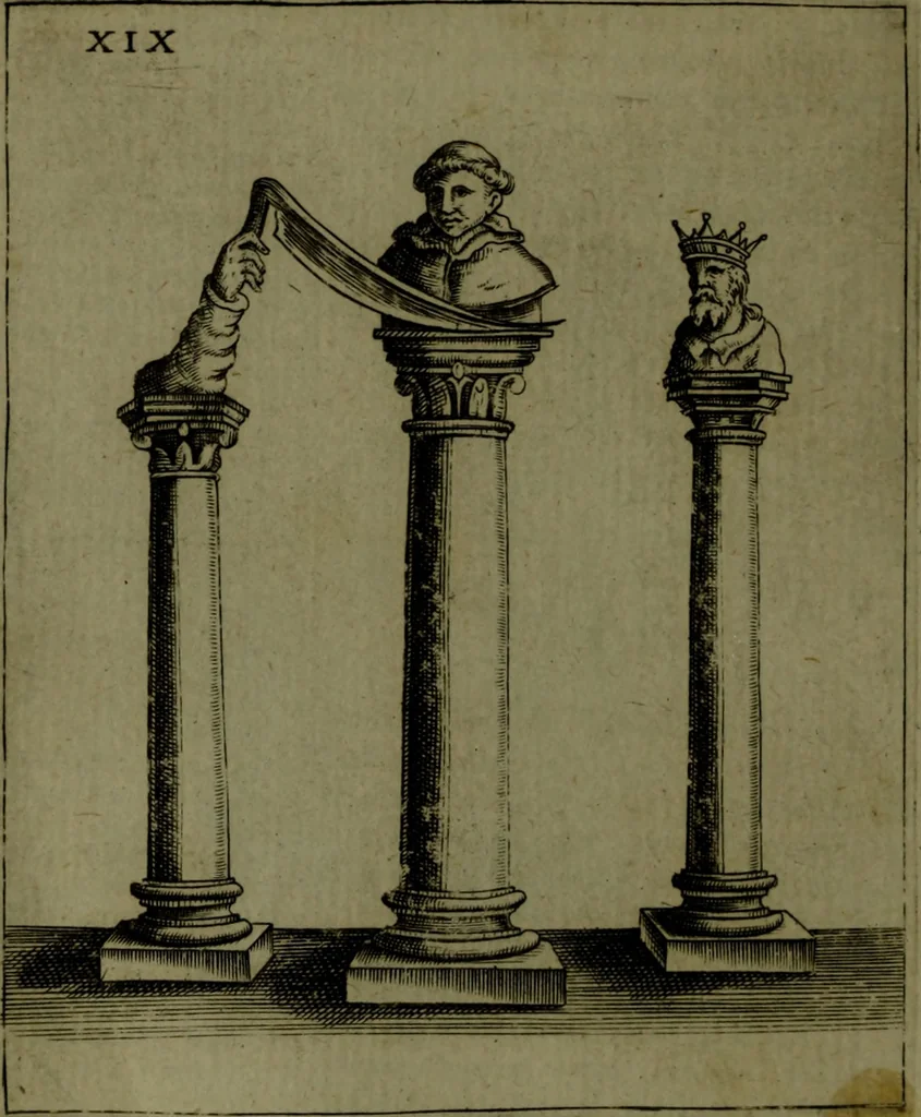 An illustration from Vaticinia, sive, Prophetiae Abbatis Ioachimi, [and] Anselmi Episcopi Marsicani; cum imaginibus aere incisis, correctione, et pulcritudine, plurium manuscriptorum exemplari ope, et variar imagin tabulis, et delineationibù, aliis antehac impressis longè praestantiora; quibus Rota, et Oraculum Turcicum maxime considerationis adiecta sunt; una cum praefatione et adnotationibus Paschalini Regiselmi, 1600, leaf 75