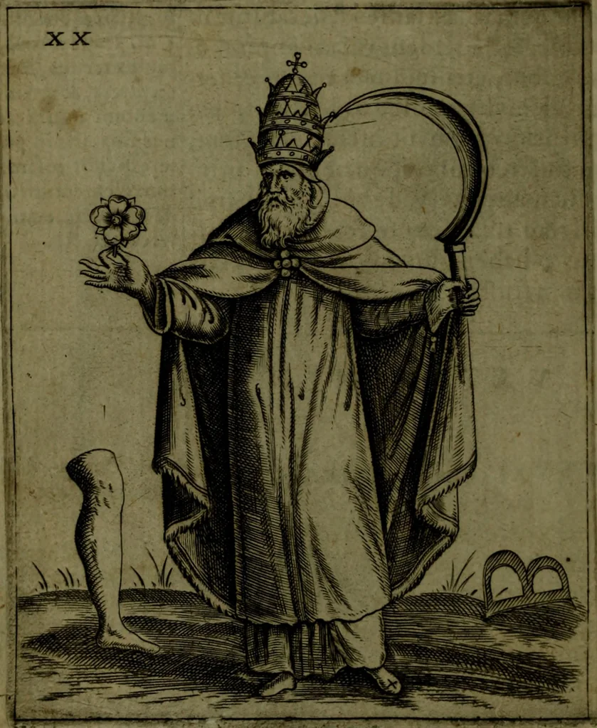 An illustration from Vaticinia, sive, Prophetiae Abbatis Ioachimi, [and] Anselmi Episcopi Marsicani; cum imaginibus aere incisis, correctione, et pulcritudine, plurium manuscriptorum exemplari ope, et variar imagin tabulis, et delineationibù, aliis antehac impressis longè praestantiora; quibus Rota, et Oraculum Turcicum maxime considerationis adiecta sunt; una cum praefatione et adnotationibus Paschalini Regiselmi, 1600, leaf 77