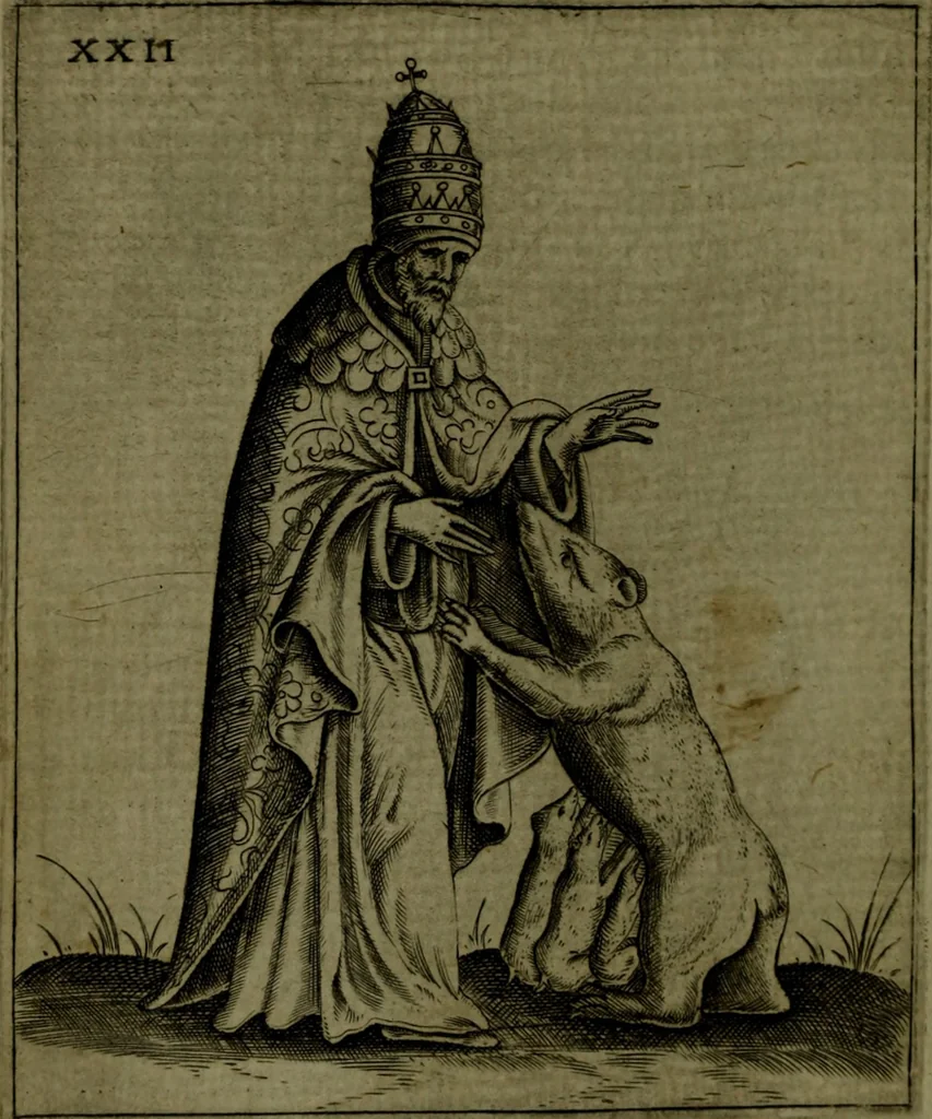 An illustration from Vaticinia, sive, Prophetiae Abbatis Ioachimi, [and] Anselmi Episcopi Marsicani; cum imaginibus aere incisis, correctione, et pulcritudine, plurium manuscriptorum exemplari ope, et variar imagin tabulis, et delineationibù, aliis antehac impressis longè praestantiora; quibus Rota, et Oraculum Turcicum maxime considerationis adiecta sunt; una cum praefatione et adnotationibus Paschalini Regiselmi, 1600, leaf 81